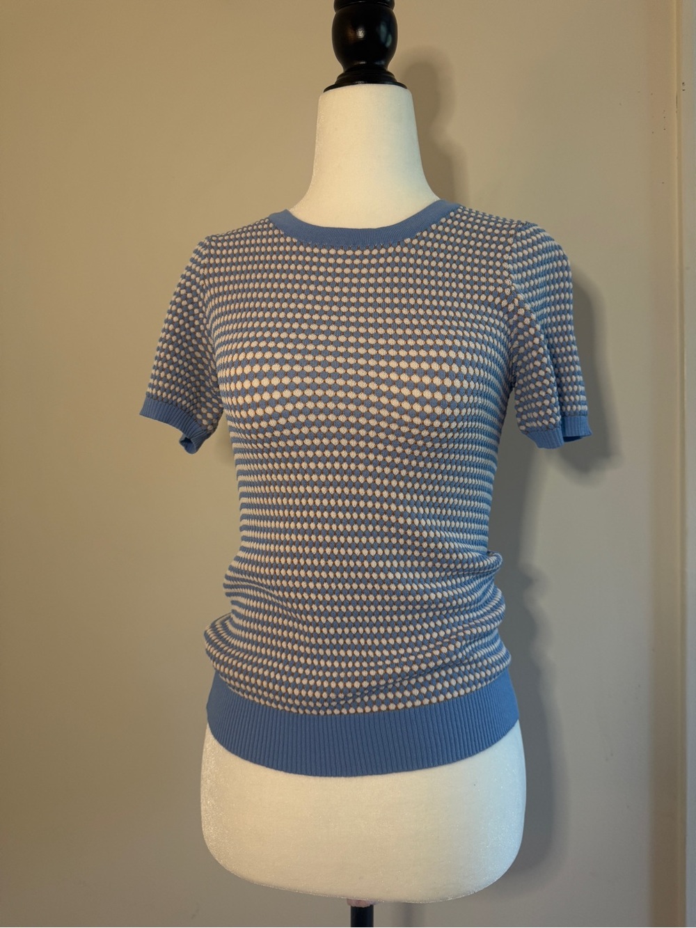 Zara Blue and White Short-Sleeve Knit Tee S